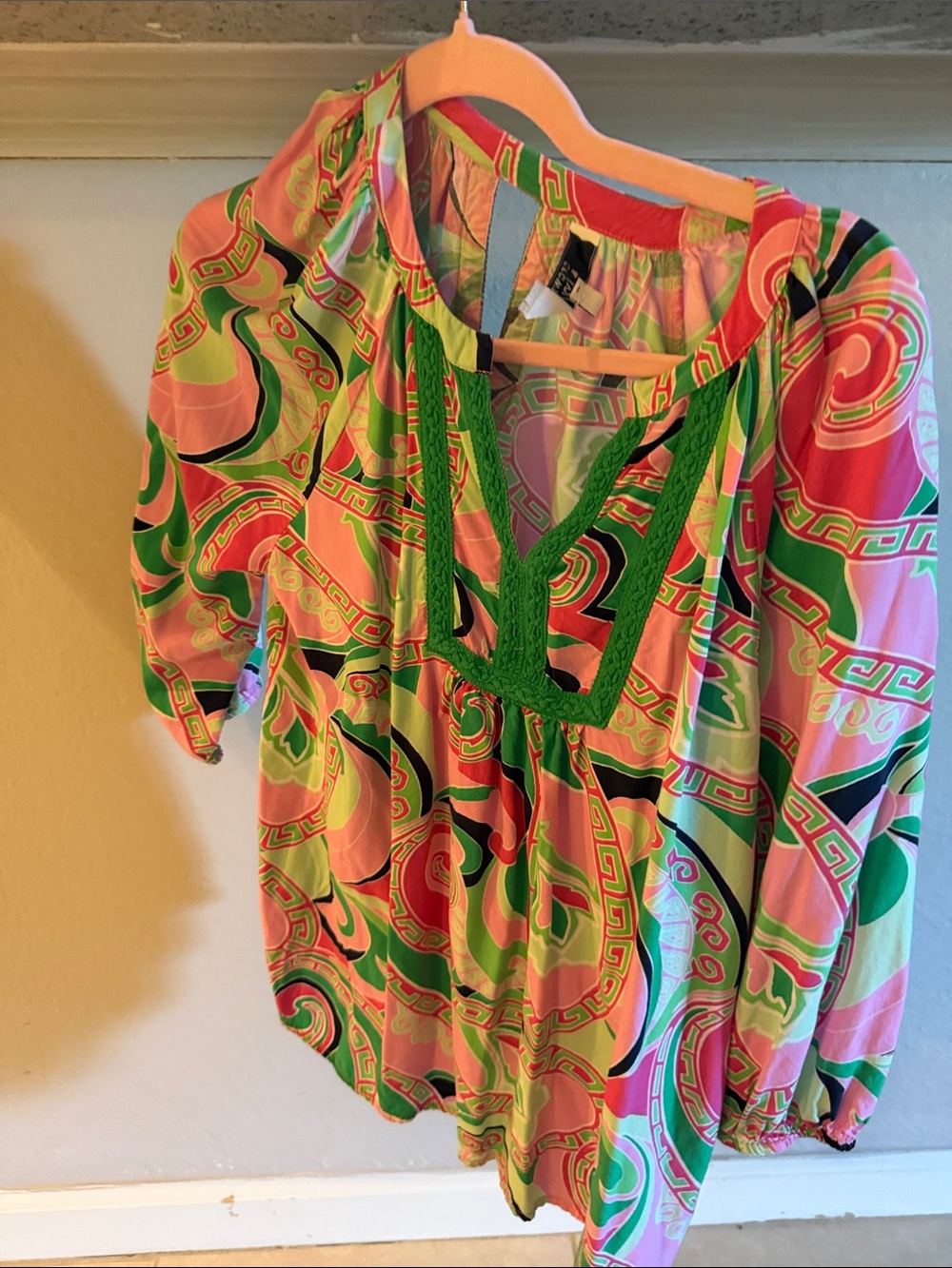 crown & ivy Pink and Green Printed Peasant Tunic